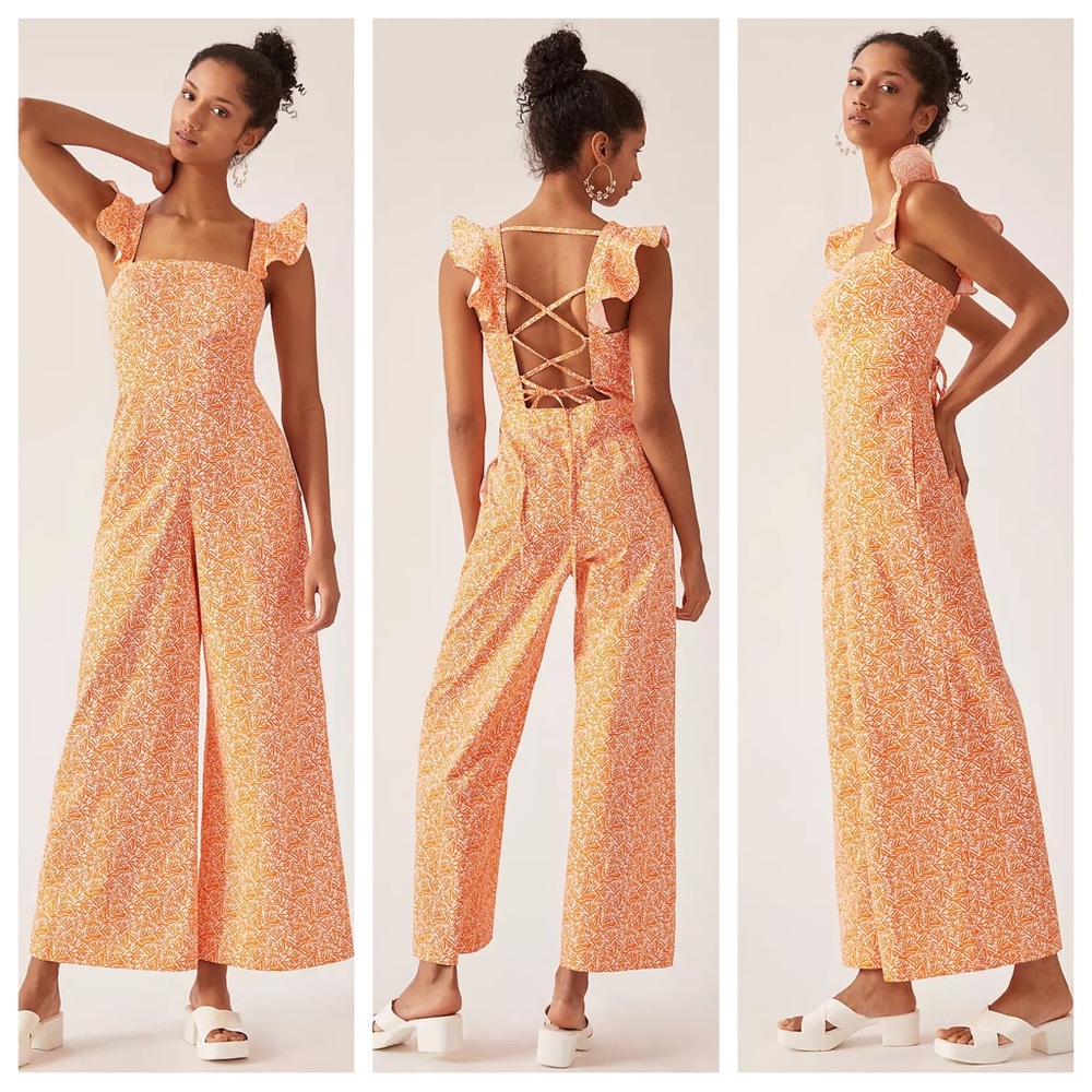 Anthropologie Hutch Orange White Lace Up Back Matchsticks Jumpsuit Wide Leg XS 2